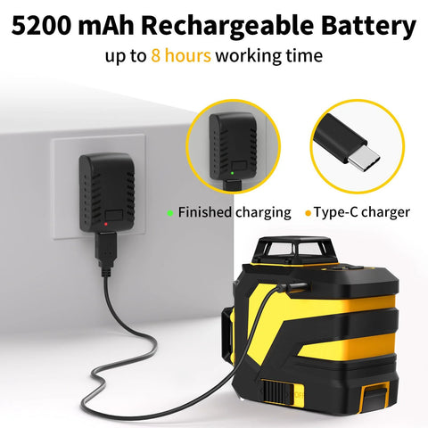 5200 mAh rechargeable battery shown charging the Achieve precise room layouts with a 3x360° green laser level