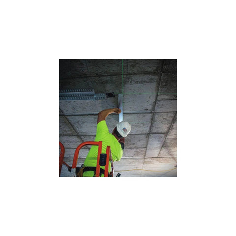 Worker using 360° self-leveling green laser to install ceiling fixtures with cordless 12V power, up to 100 ft range, and IP65 protection.