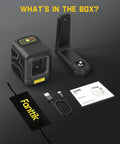Pocket Green Laser Level D2 100 Ft Self Leveling Cross Line Laser With 360 Degree Rotation Type C Rechargeable Magnetic Bracket Carrying Pouch For Picture Hanging And Home DIY Projects Compact Portable Tool kit contents displayed.