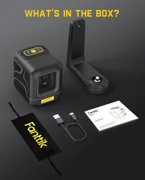 Pocket Green Laser Level D2 100 Ft Self Leveling Cross Line Laser With 360 Degree Rotation Type C Rechargeable Magnetic Bracket Carrying Pouch For Picture Hanging And Home DIY Projects Compact Portable Tool kit contents displayed.