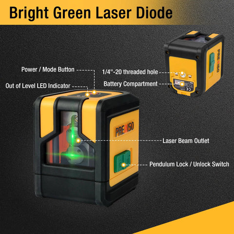 Efficient green beam laser level with dual modules and self leveling cross line projection, shown with detailed parts and features