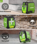 Laser Level With Tripod Kit Self Leveling 98Ft Bright Green Cross Line showing shock resistance, waterproof, and dust-proof features.