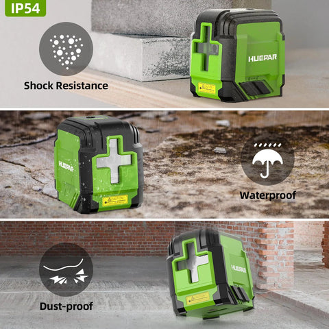 Laser Level With Tripod Kit Self Leveling 98Ft Bright Green Cross Line showing shock resistance, waterproof, and dust-proof features.