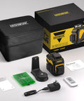Achieve precise room layouts with a 3x360° green laser level featuring 12 laser lines, accessories, and a carrying case