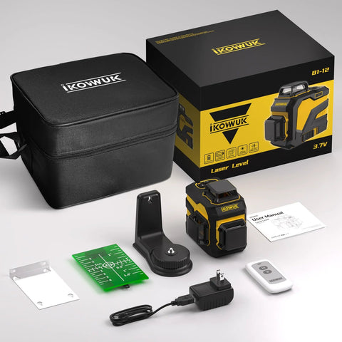 Achieve precise room layouts with a 3x360° green laser level featuring 12 laser lines, accessories, and a carrying case