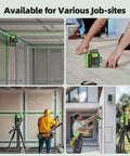 360 Degree Self Leveling Green Laser Level With Triple 360 Degree Cross Lines For Precise Room Layouts And Picture Hanging Rechargeable 4000mAh USB C Battery Magnetic Bracket And Hard Carry Case HM03CG used in various construction settings.