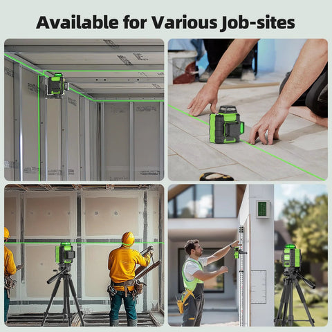 360 Degree Self Leveling Green Laser Level With Triple 360 Degree Cross Lines For Precise Room Layouts And Picture Hanging Rechargeable 4000mAh USB C Battery Magnetic Bracket And Hard Carry Case HM03CG used in various construction settings.
