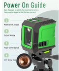 Details of a Laser Level With 50 Inch Tripod 360 Degree Self Leveling Cross Line Green Beam for home renovation, with guide.