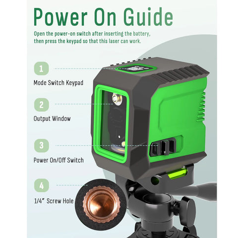 Details of a Laser Level With 50 Inch Tripod 360 Degree Self Leveling Cross Line Green Beam for home renovation, with guide.