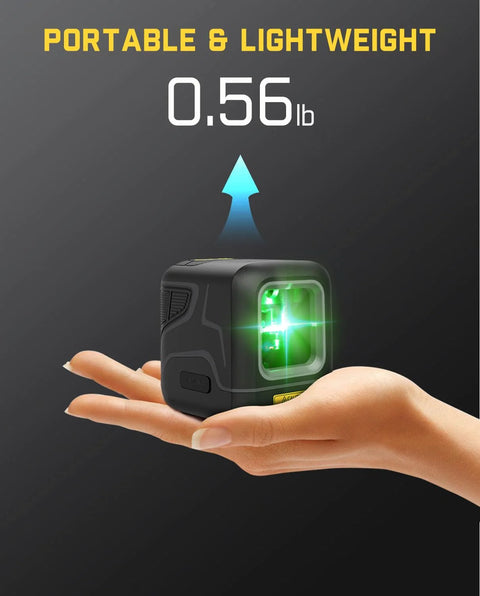 Pocket Green Laser Level D2 100 Ft Self Leveling Cross Line Laser With 360 Degree Rotation shown on a palm