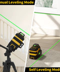 Achieve precise room layouts with a 3x360° green laser level, featuring 12 laser lines, self-leveling accuracy, on a tripod and floor.
