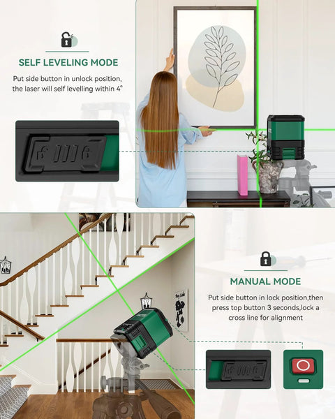 Achieve fast, precise alignment with this compact self-leveling green laser level projecting lines for picture hanging and stairs.