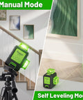 Laser Level 360 Self Leveling With Rechargeable Battery 3x360 Degree Green Laser For Construction And Picture Hanging 3D Layout On Walls Ceilings And Cabinets Magnetic Bracket Hard Case Kit with manual and self-leveling modes in use