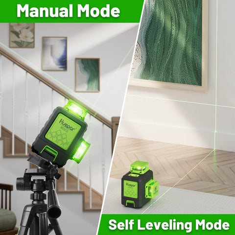 Laser Level 360 Self Leveling With Rechargeable Battery 3x360 Degree Green Laser For Construction And Picture Hanging 3D Layout On Walls Ceilings And Cabinets Magnetic Bracket Hard Case Kit with manual and self-leveling modes in use