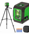 Laser Level With 50 Inch Tripod 360 Degree Self Leveling Cross Line Green Beam For Horizontal And Vertical Alignment For Hanging Pictures Tile Work And Home Renovation IP54 Battery Powered With 4 AA Batteries And Carry Pouch.
