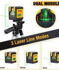 Efficient green beam laser level with dual modules and self leveling cross line projection on 31.5 inch tripod.