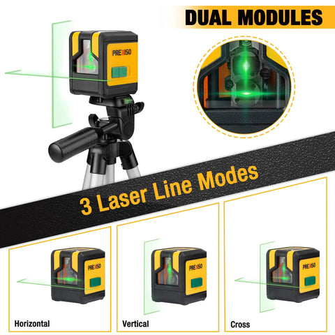Efficient green beam laser level with dual modules and self leveling cross line projection on 31.5 inch tripod.