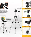 Efficient green beam laser level with dual modules and self leveling cross line projection, includes a 31.5 inch tripod with features highlighted.