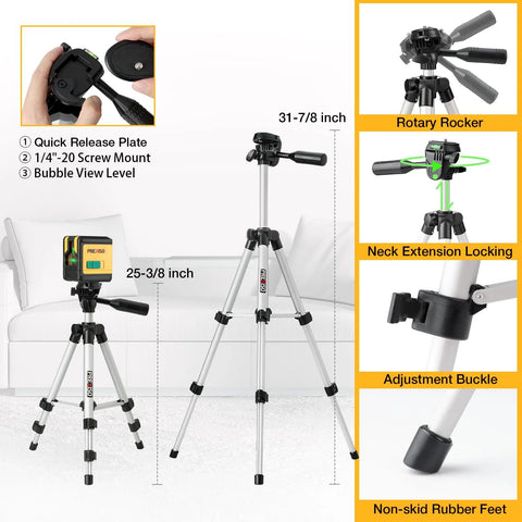 Efficient green beam laser level with dual modules and self leveling cross line projection, includes a 31.5 inch tripod with features highlighted.