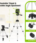 Laser Level With Tripod 100 Feet Green Cross Line Self Leveling 360 Degree Rotating Beam Vertical And Horizontal Projection IP54 Waterproof Battery Operated Pulse Mode For Fast Accurate Indoor And Outdoor Leveling And Alignment displayed on a silver tripod with adjustable height and angle.