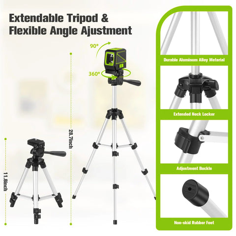 Laser Level With Tripod 100 Feet Green Cross Line Self Leveling 360 Degree Rotating Beam Vertical And Horizontal Projection IP54 Waterproof Battery Operated Pulse Mode For Fast Accurate Indoor And Outdoor Leveling And Alignment displayed on a silver tripod with adjustable height and angle.