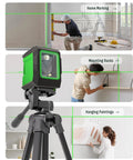 Laser Level With 50 Inch Tripod 360 Degree Self Leveling Cross Line Green Beam For Horizontal And Vertical Alignment displayed in use for home marking, mounting racks, hanging paintings.