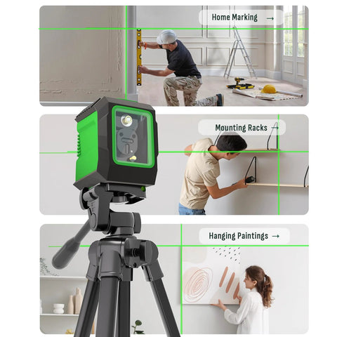 Laser Level With 50 Inch Tripod 360 Degree Self Leveling Cross Line Green Beam For Horizontal And Vertical Alignment displayed in use for home marking, mounting racks, hanging paintings.