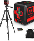 Cross Line Laser Level With Tripod Kit For 100 Ft Range Green Laser Self Leveling And Pulse Mode IP54 Waterproof Four Brightness Levels Three Way Adjustable Tripod Includes Carrying Bag For Indoor Outdoor Cabinet Hanging Tile And Cabinet Installations shown with tripod and carrying bag
