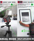 Cross Line Laser Level With Tripod Kit For 100 Ft Range Green Laser Self Leveling And Pulse Mode IP54 Waterproof Four Brightness Levels Three Way Adjustable Tripod Includes Carrying Bag For Indoor Outdoor Cabinet Hanging Tile And Cabinet Installations showing manual and self-leveling modes in use
