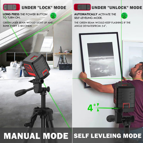 Cross Line Laser Level With Tripod Kit For 100 Ft Range Green Laser Self Leveling And Pulse Mode IP54 Waterproof Four Brightness Levels Three Way Adjustable Tripod Includes Carrying Bag For Indoor Outdoor Cabinet Hanging Tile And Cabinet Installations showing manual and self-leveling modes in use