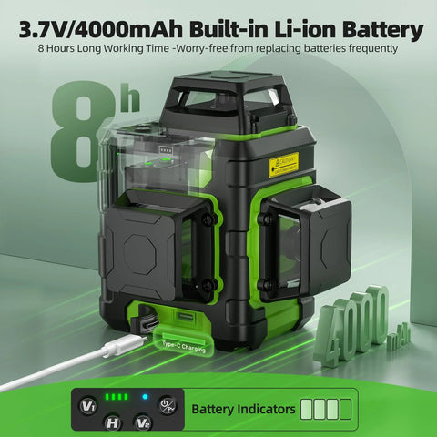360 Degree Self Leveling Green Laser Level With Triple 360 Degree Cross Lines For Precise Room Layouts And Picture Hanging Rechargeable 4000mAh USB C Battery Magnetic Bracket And Hard Carry Case HM03CG, battery charging.