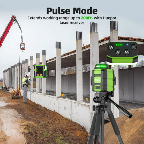 360 Degree Self Leveling Green Laser Level With Triple 360 Degree Cross Lines For Precise Room Layouts And Picture Hanging Rechargeable 4000mAh USB C Battery Magnetic Bracket And Hard Carry Case HM03CG in use at construction site with tripod