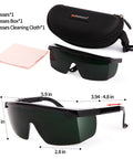 Green Laser Safety Glasses 200nm-2000nm For IPL Hair Removal Eye Protection with case, cleaning cloth, and size dimensions