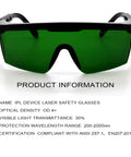 Green Laser Safety Glasses 200nm-2000nm For IPL Hair Removal Eye Protection, green lenses, front view with product info.