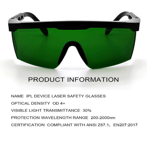 Green Laser Safety Glasses 200nm-2000nm For IPL Hair Removal Eye Protection, green lenses, front view with product info.
