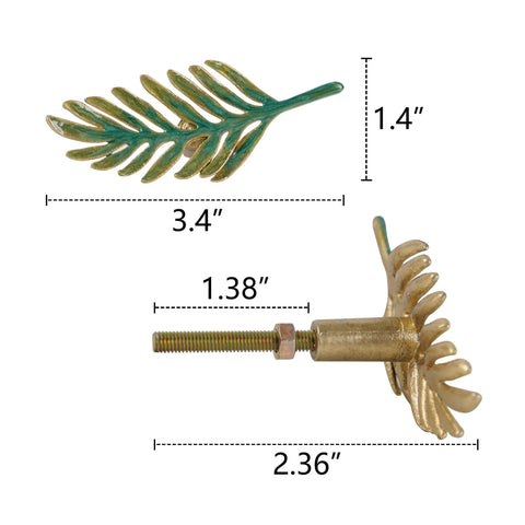 Set Of 2 Metal Green Leaf Cabinet Pulls And Drawer Handles With Simulated Leaf Shape Gradient Color And Glossy Finish, side and top view.