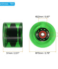 Green 70mm 78A Longboard Wheels With Red ABEC 9 Bearings 4 Pack, side and front view, PU material