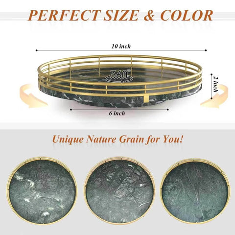 Green marble lazy susan turntable for table top, 10 inch round natural marble tray with gold frame, top view.