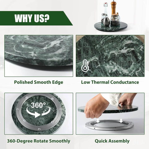 12 inch marble lazy susan turntable made from natural green marble, rotating serving tray designed for countertops with smooth edge.