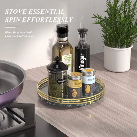 Green marble lazy susan turntable for table top, 10 inch round natural marble tray with gold frame featuring spice containers.