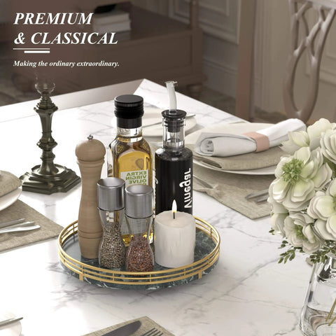 Green marble lazy susan turntable for table top, 10 inch round natural marble tray with gold frame, displaying kitchen items.