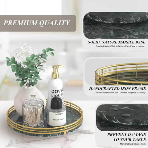 Green marble lazy susan turntable for table top, 10 inch round natural marble tray with gold frame, showcasing premium quality.