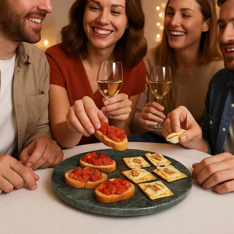 12 inch green natural marble lazy susan turntable with appetizers, perfect for serving during gatherings.