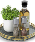 Green marble lazy susan turntable for table top displaying spices and a plant in a gold frame, 10 inch round tray.