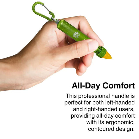 Durable metal lumber crayon holder with an ambidextrous contoured grip held in hand, showing green color and ergonomic design.