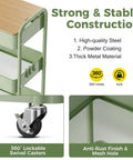 Close-up of Three Tier Rolling Cart With Table Top Heavy Duty Metal Utility Cart With Locking Wheels And Hooks by Johgee, showing lockable casters and sturdy steel construction.