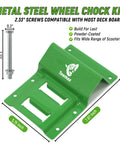 Metal steel wheel chock kit with green powder-coated finish and screws, compatible with All In One UTV Wheel Chock Tie Down Kit By Towmax With 4500Lb Break Strength 4 Pack 2x8 Ft E Track Ratchet Straps For SXS ATV And Lawn Mower Tires Includes Beefed Up Mounting Hardware And Bright Green Storage Bag.