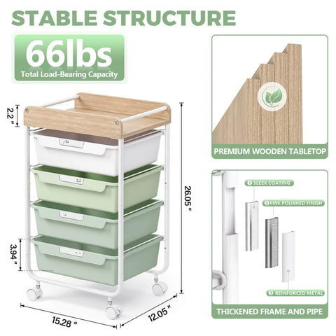 Rolling Storage Utility Cart With Four Drawers For Craft Art Supplies And Makeup Organization On The Go Mobile Cart With Green Finish And Wooden Tabletop Perfect For Kid Rooms Or Office By SYKIARIOL, showing drawers, dimensions, and wooden top.