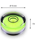 Four compact green round mini spirit levels with clear acrylic housings deliver precise bubble readings for tiny projects
