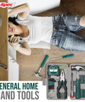 Compact 25 Piece Green Mini Tool Kit For Home And Office DIY In A Portable Toolbox Case shown with tools in use by a person fixing under sink.